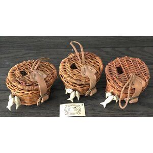 Fishing Creel Wicker Basket Hand Carved Fish Ornament Set of 3 Rustic Cabin Deco